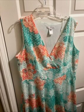 Studio One Aqua & Coral Floral Lace Fit-and-Flare Dress